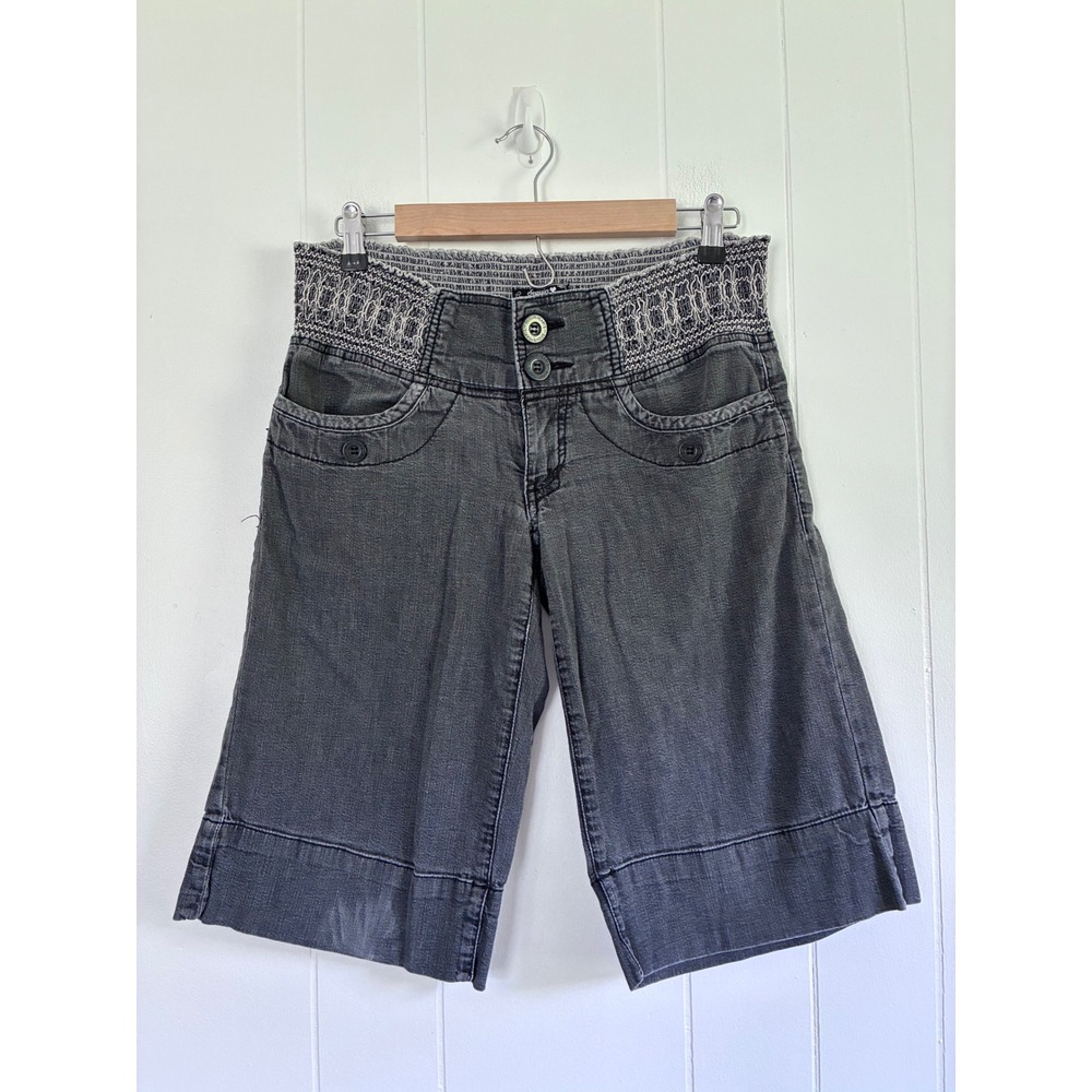 Sequin Hearts Womens Y2K Grunge Black Denim Bermuda Shorts Smocked Waist Size 9